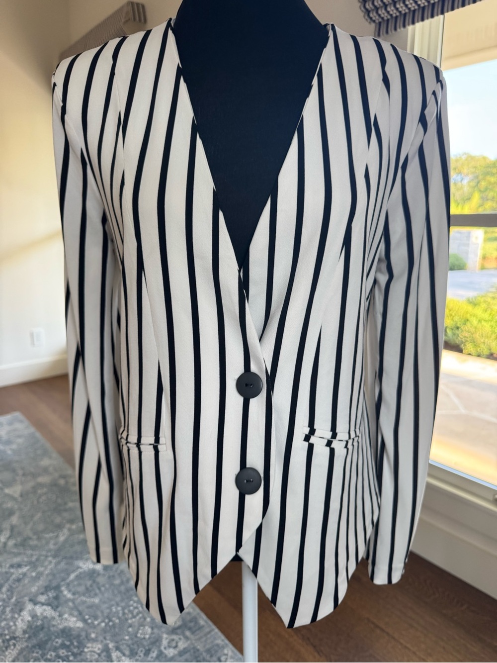 Bisou Bisou Black & White Vertical Stripe Blazer - Size M